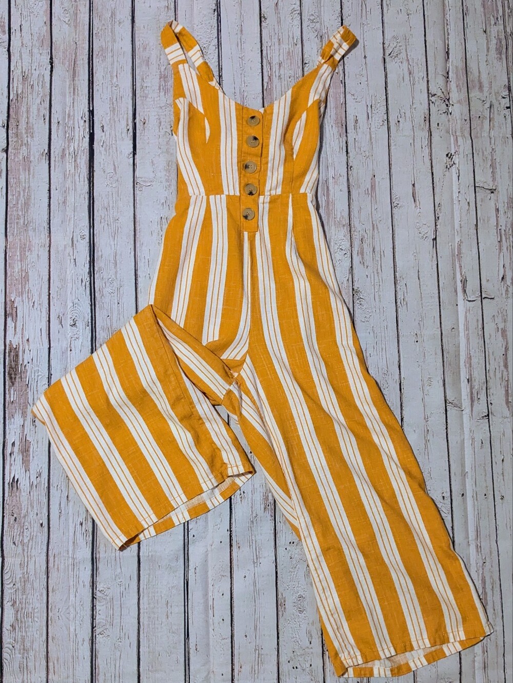 Striped Mustard & White Button-Front Wide-Leg Jumpsuit